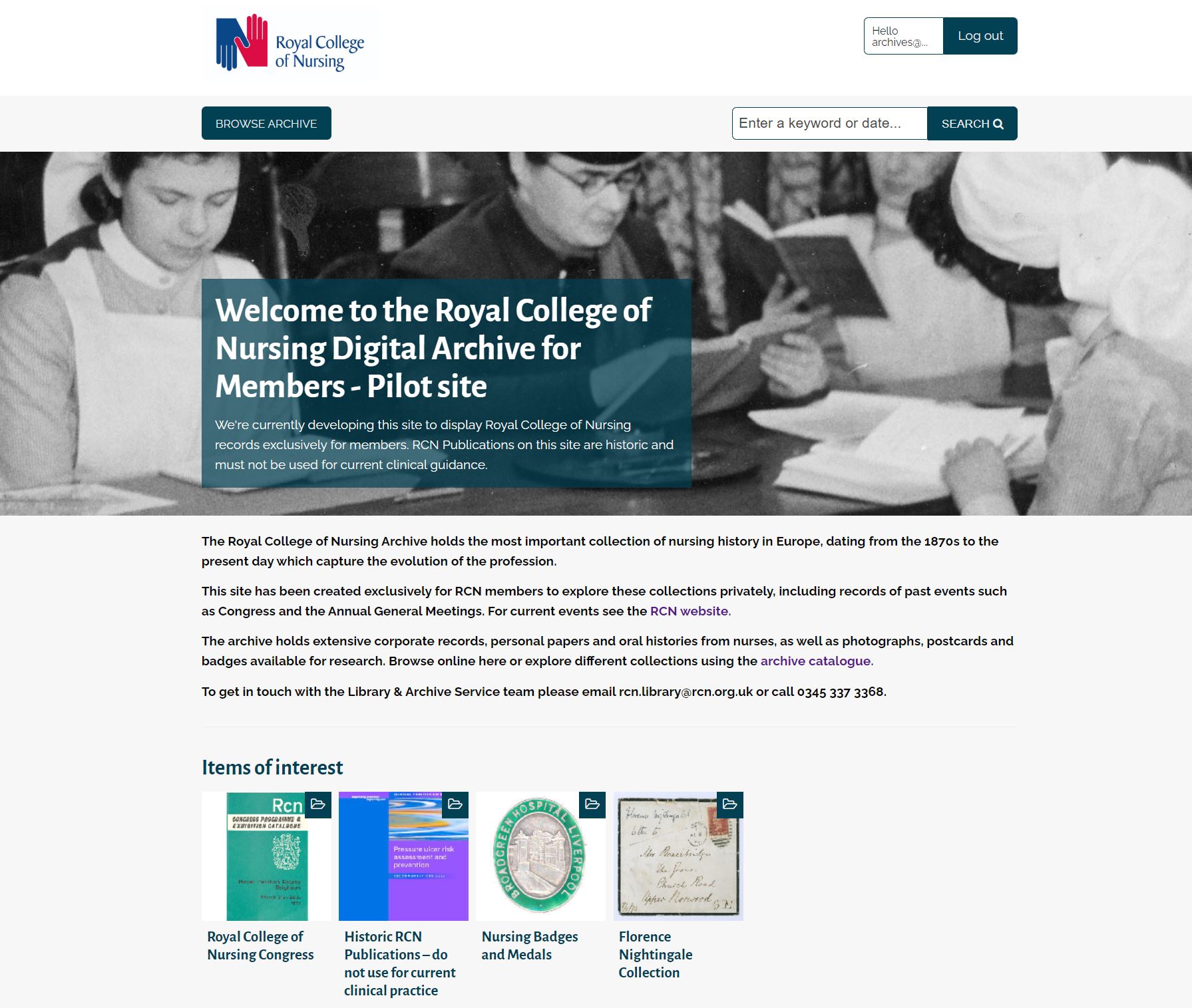 RCN Member digital archive homepage