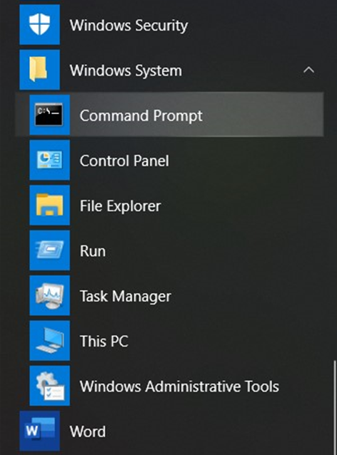 An image of selecting the Command Prompt from the Windows menu